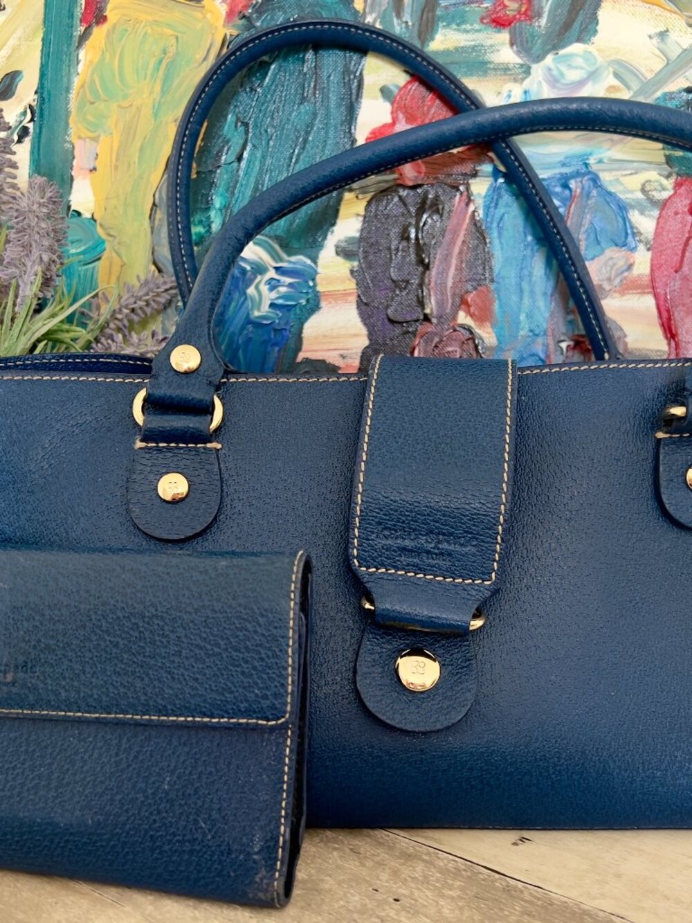 Kate Spade New York pebbled leather set in navy blue  a matching wallet